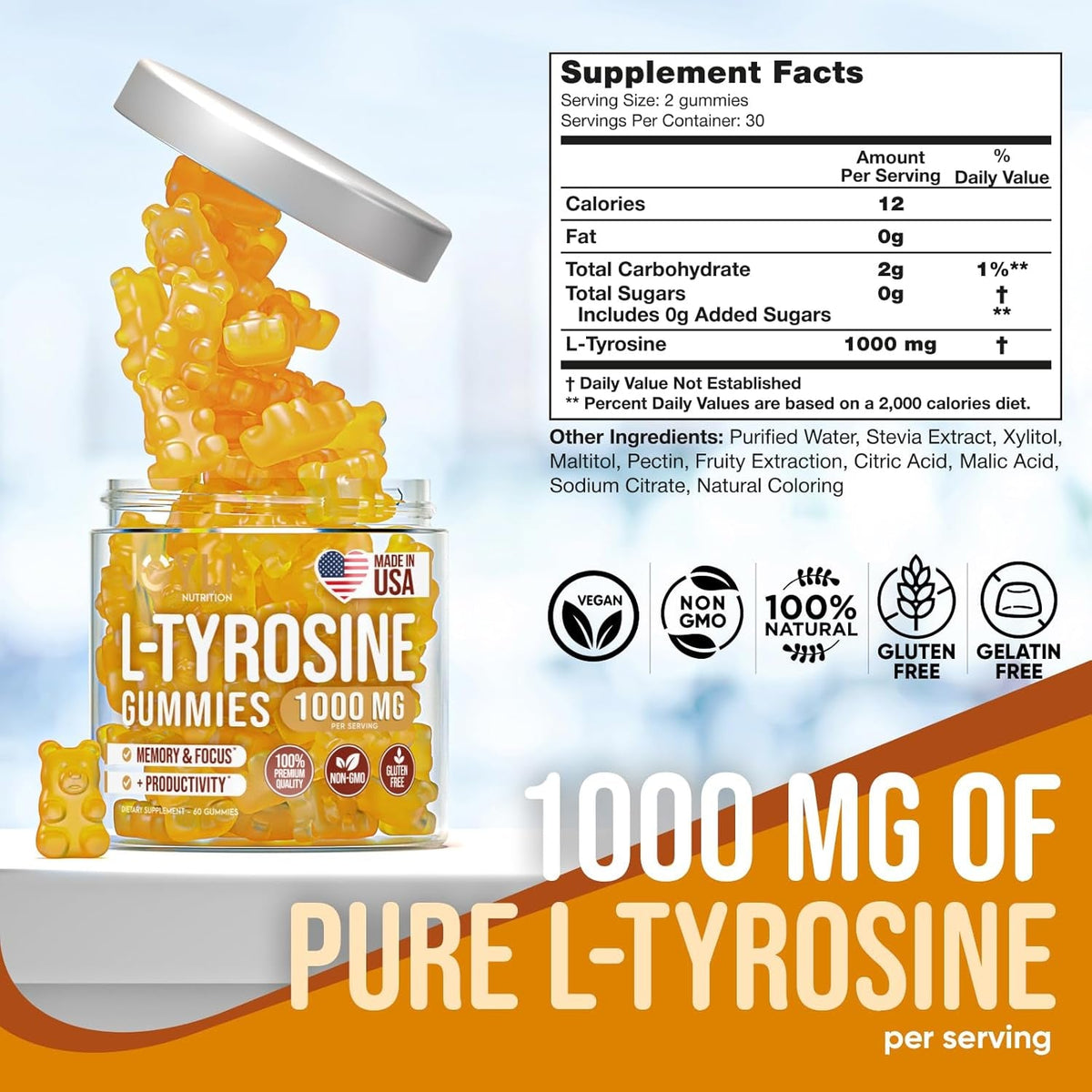 Joyli L Tyrosine Gummies 1000MG - L-Tyrosine Supplement for Kids & Adults - Calm & Focus Gummies for Brain, Memory, Mood, and Energy - 500Mg L- Tyrosine Powder per Gummy - Vegan, Gluten-Free