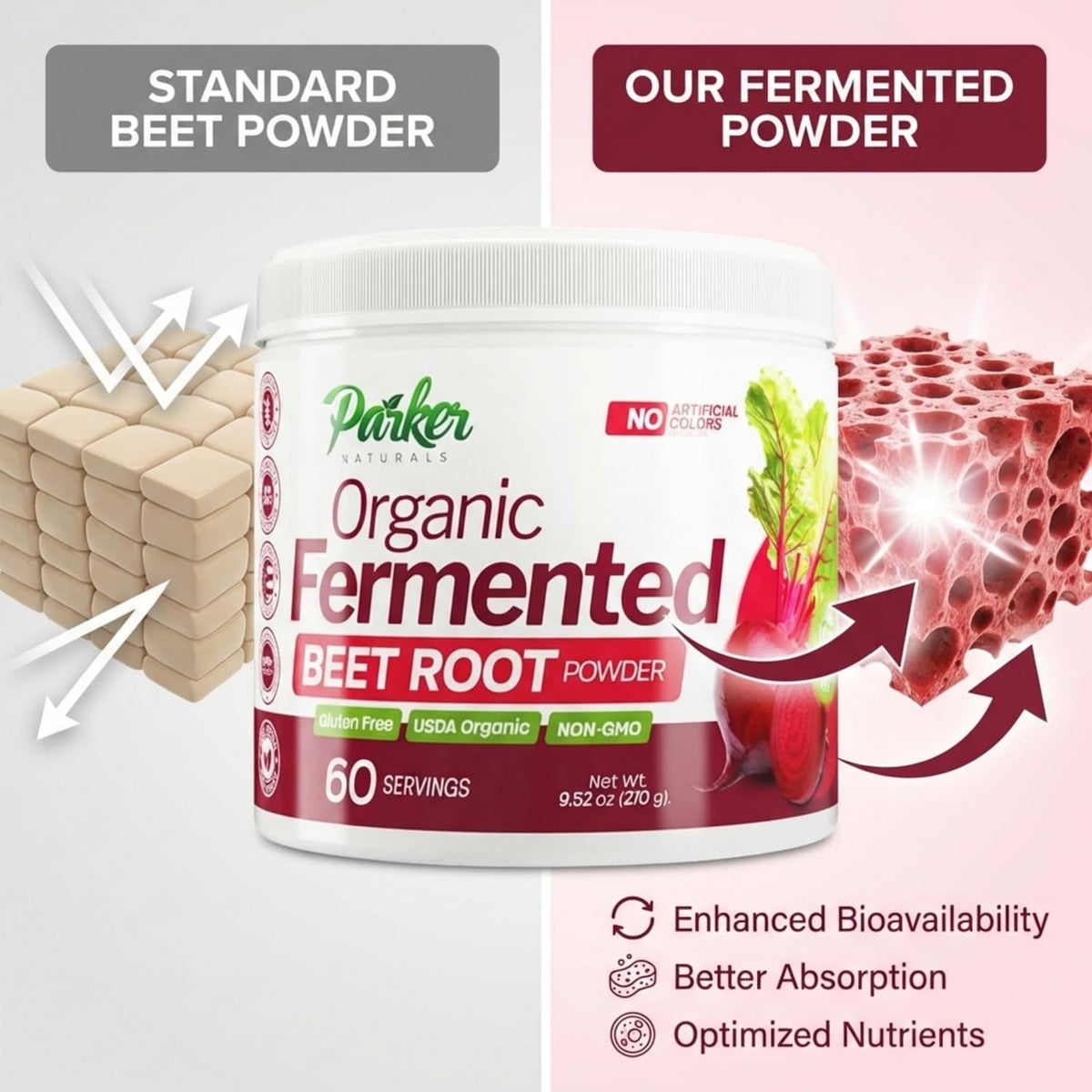 Parker Naturals Organic Fermented Beet Root Powder, 9.52 Oz Beet Powder Supports Healthy Immune System, Gluten Free, Non-Gmo, & Vegan Beets Supplements, 60 Servings