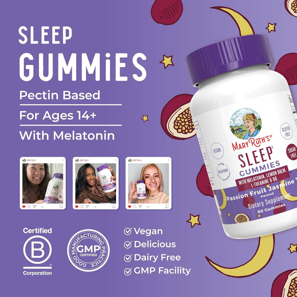 MARYRUTH'S Melatonin 5Mg Sleep Gummy with L-Theanine | Lemon Balm | Vitamin B6 | Sugar-Free | Relaxation | Vegan | Non-Gmo | Gluten Free | 60 Count