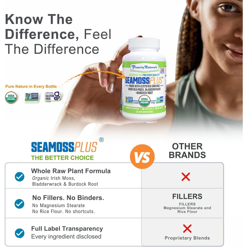 Power by Naturals Sea Moss plus – USDA Organic Irish Sea Moss Capsules with Bladderwrack & Burdock Root – Immune Support for Adults – Vegan, Non-Gmo, Gluten-Free – 60 Capsules (1-Month Supply)