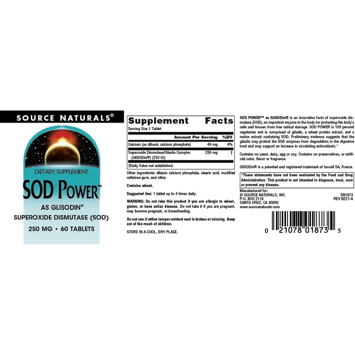 Source Naturals SOD Power as Glisodin Superoxide Dismutase Nutricosmetic Supplement 250Mg - 60 Tablets