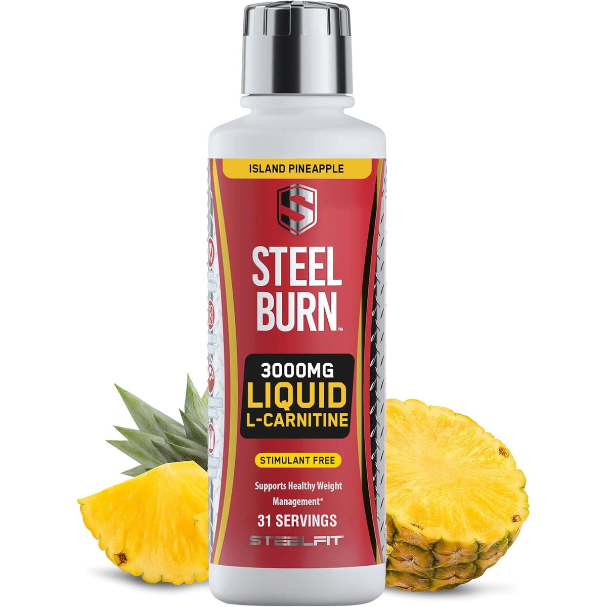 Steelfit Steel Burn, Premium Liquid L-Carnitine, 3000Mg - Stimulant-Free & Clean Workout Drink for Men & Women Supports Healthy Weight Loss Management & Fat Metabolism - 31 Servings, Island Pineapple