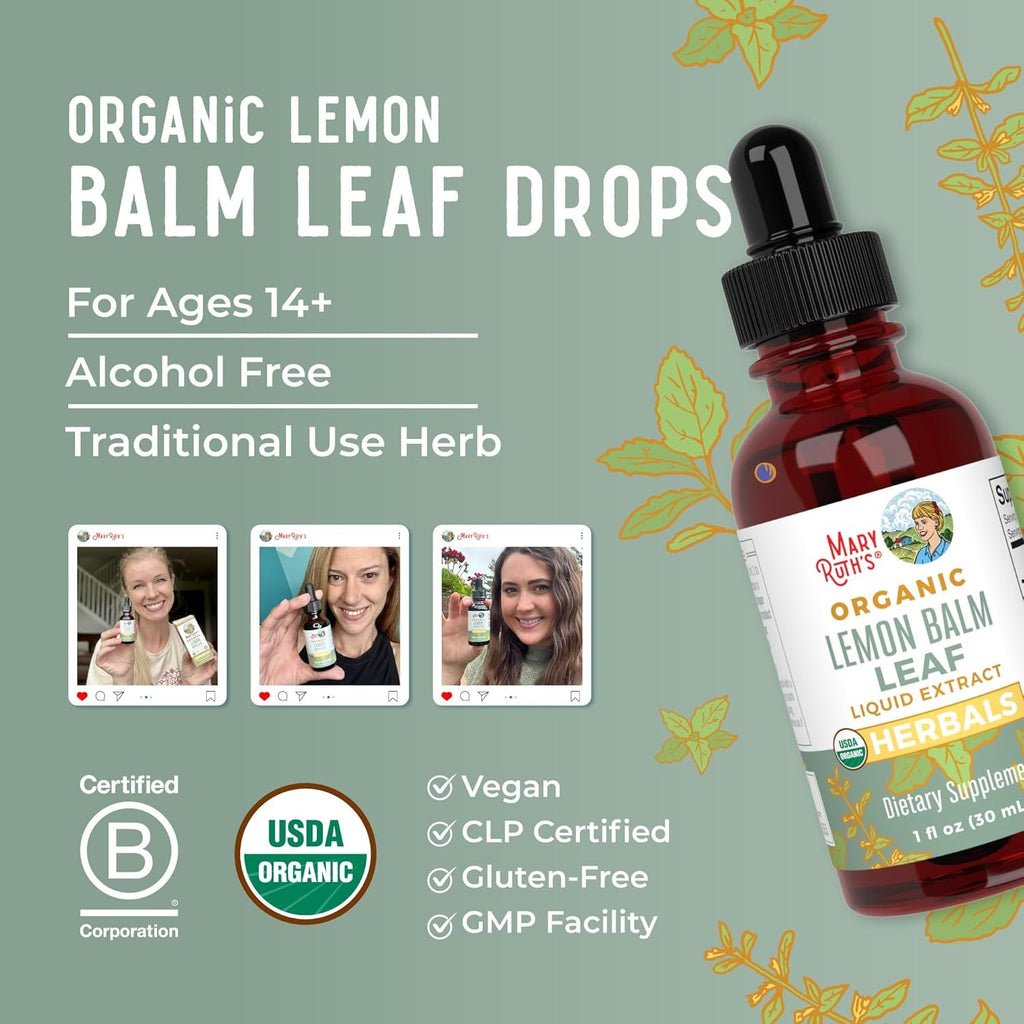 MARYRUTH'S Organics Lemon Balm Leaf Liquid Extract | Mood Support | Relaxation | Calming | Nervine Herbal | Lemon Balm Tincture | USDA Organic | Vegan | Non-Gmo | Gluten Free | 1 Fl Oz
