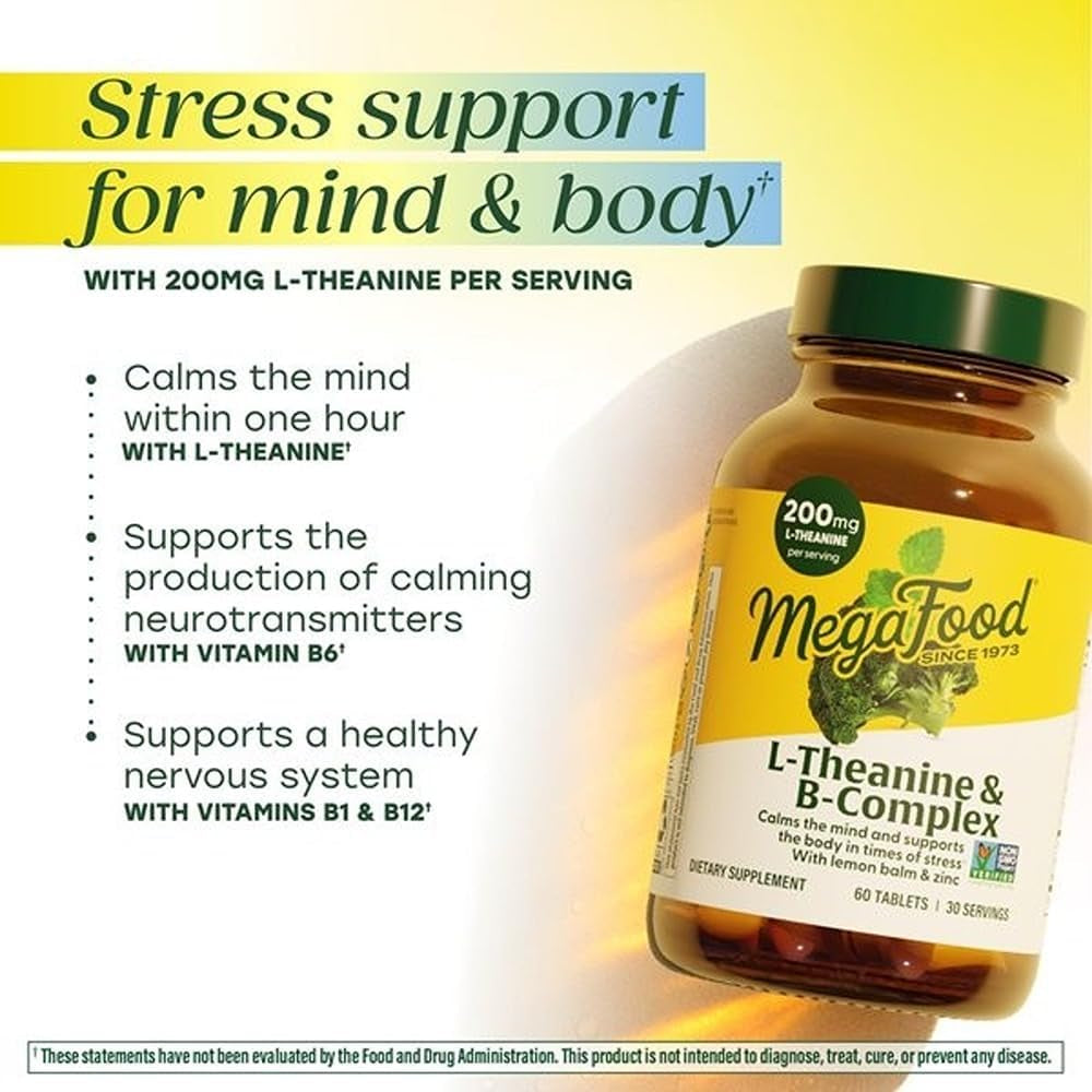 Megafood L-Theanine & Vitamin B Complex with Vegan B12, B6, Folate, Biotin & More - 200 Mg L Theanine Supplement - B Complex Vitamins for Women & Men - plus Lemon Balm & Zinc - 60 Tablets, 30 Servings