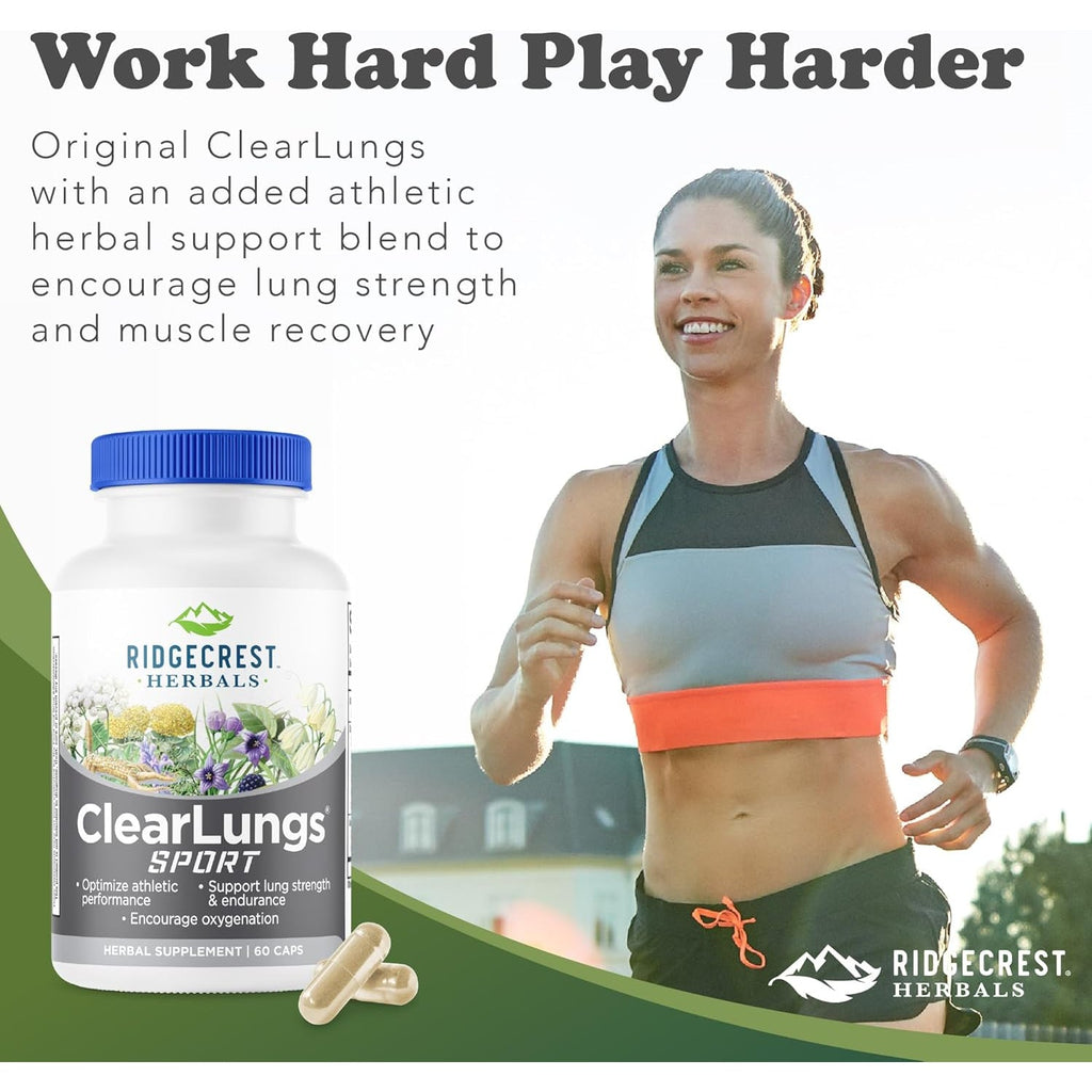 Ridgecrest Herbals Clearlungs Sport, Oxygen Intake and Lung Support Formula with Cordyceps, Rhodiola, Eleuthero (60 Vegan Caps, 30 Serv)