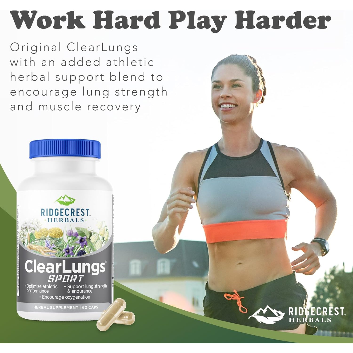 Ridgecrest Herbals Clearlungs Sport, Oxygen Intake and Lung Support Formula with Cordyceps, Rhodiola, Eleuthero (60 Vegan Caps, 30 Serv)