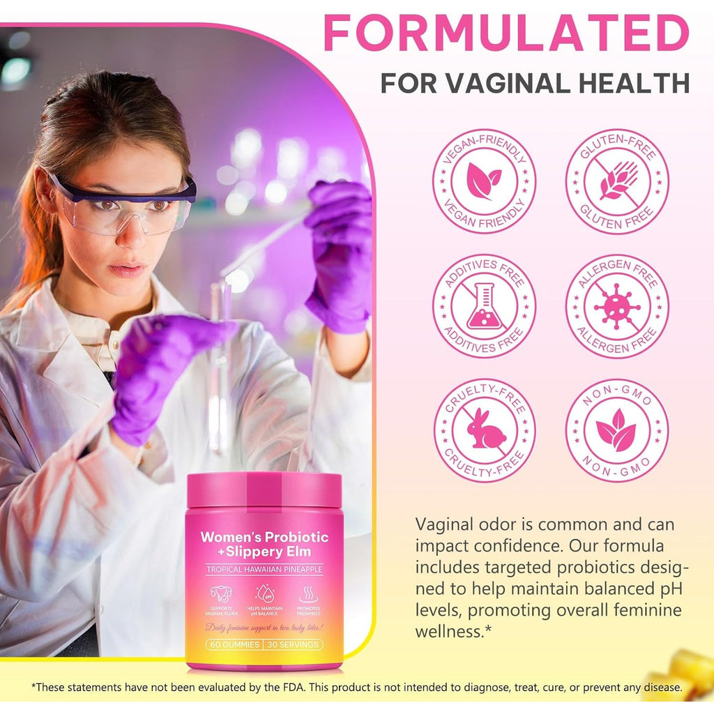 Vaginal Probiotics Gummies for Feminine PH Balance, Vaginal Hydrating, Promoting Vaginal Flora Health, Fresh Odor with Prebiotics & Lactobacillus Probiotic, Hawaiian Pineapple, Plant Based|60 Gummies