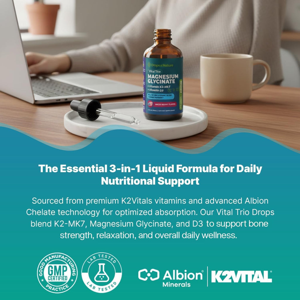 Magnesium Glycinate, Vitamin K2 & D3 Supplement – Vegan, Gmo-Free – VIT D MK7 K2 Vitamin Supplement & Magnesium Blend – with Nutrients for Bone, Sleep & Daily Relaxation Support (Mixed Berry, 60 Ml)