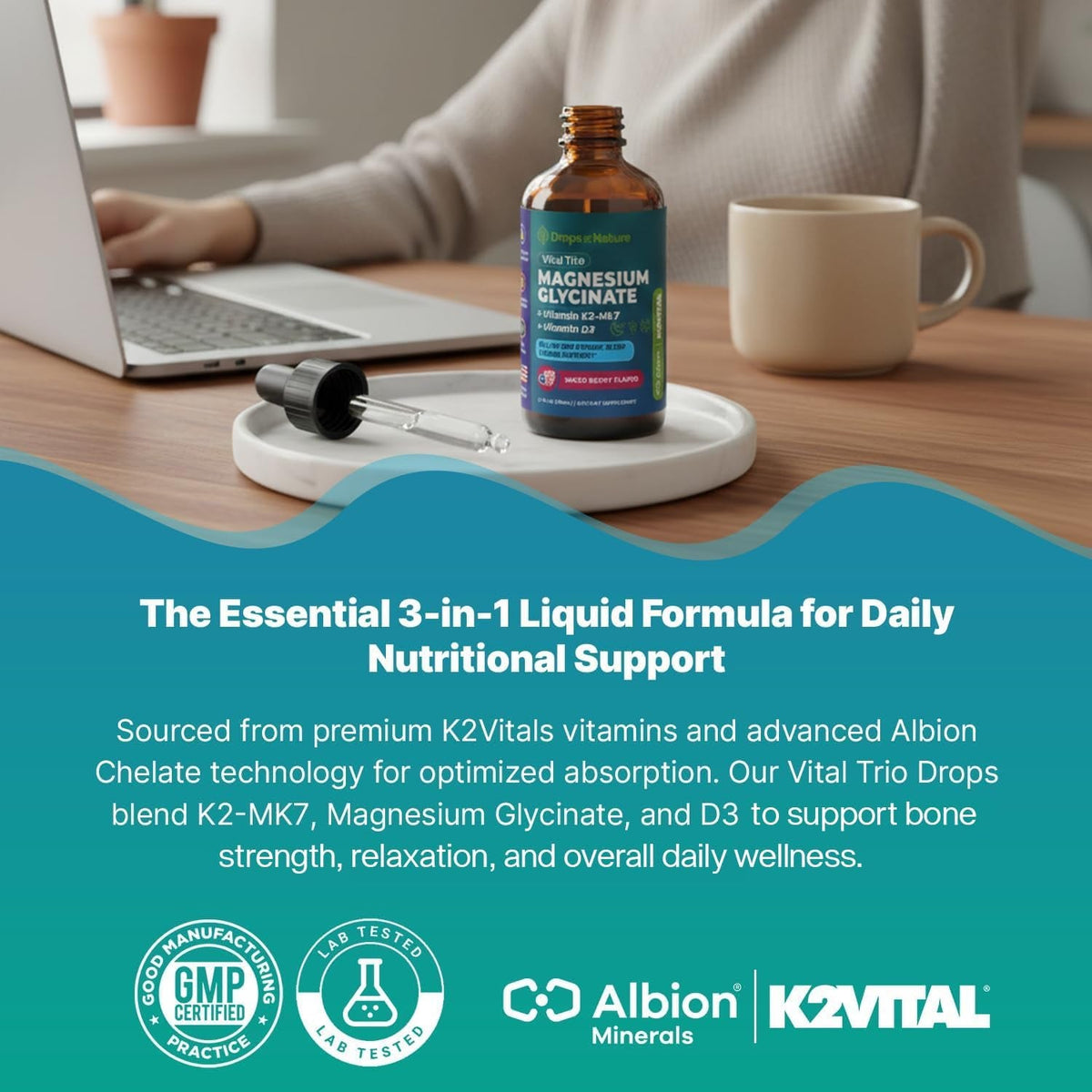 Magnesium Glycinate, Vitamin K2 & D3 Supplement – Vegan, Gmo-Free – VIT D MK7 K2 Vitamin Supplement & Magnesium Blend – with Nutrients for Bone, Sleep & Daily Relaxation Support (Mixed Berry, 60 Ml)