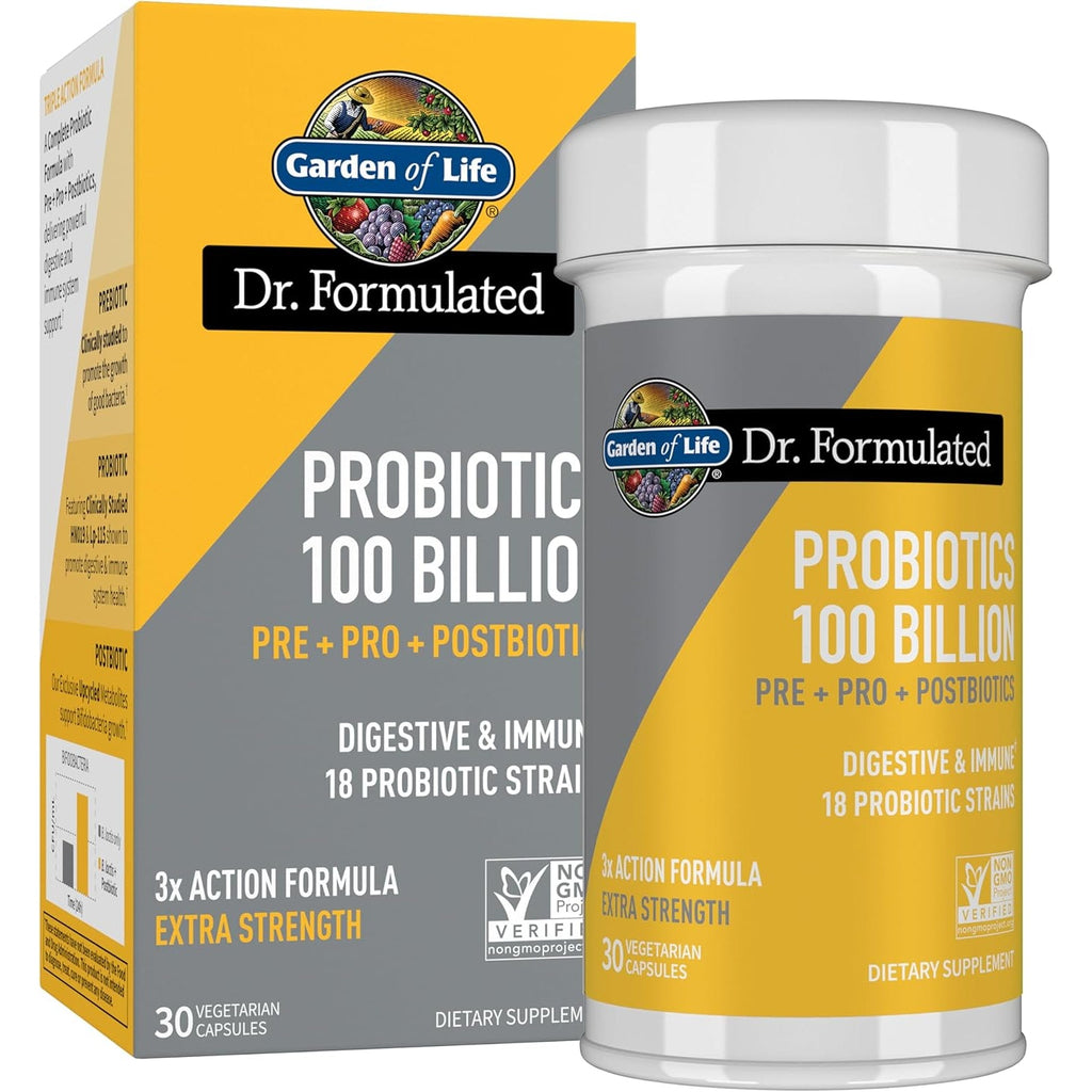 Garden of Life Dr. Formulated Pre, Post & Probiotics 100 Billion CFU Once Daily 3-In-1 Complete Probiotics, Prebiotics & Postbiotics Supplement for Women and Men – Extra Strength, 30 Day Supply