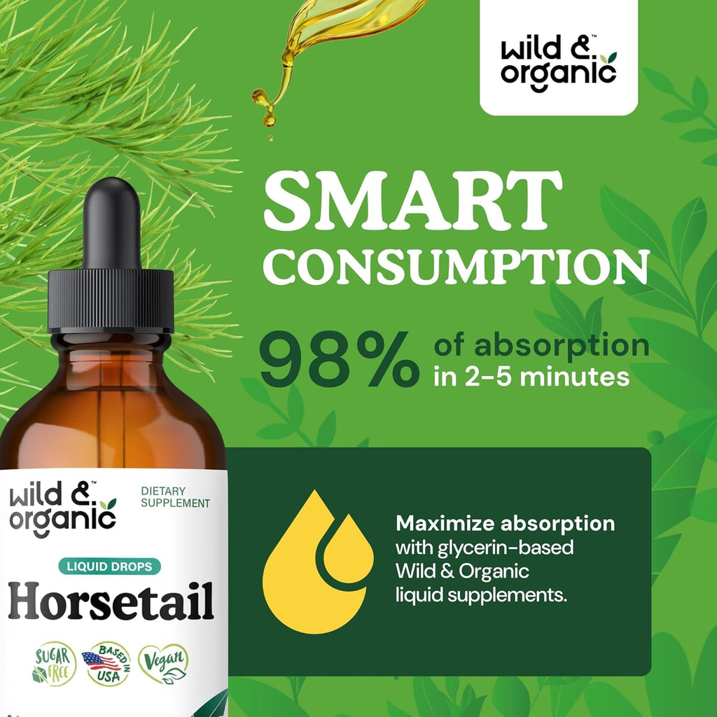 Wild & Organic Horsetail Herb Tincture - Hair Skin and Nails Support - Liquid Horsetail Supplement - Vegan, Sugar & Alcohol-Free Leaf Extract Drops - 4 Fl Oz