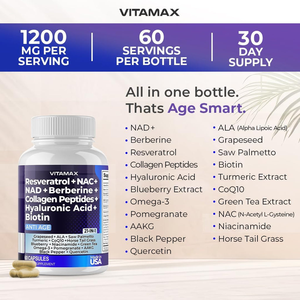 Resveratrol NAD+ Berberine Hyaluronic Acid - Biotin Grape & Blueberry + NAC - Collagen Peptides - Hair, Nail, Skin & Joint Supplement - 21-In-1 Women and Men - Made in USA (60 Count (Pack of 1)