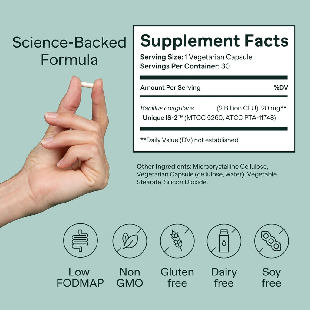IB-ONE Probiotic - Clinically Studied Bacillus Coagulans Unique Is-2 Constipation & Bowel Movement Supplement - Low FODMAP, Gluten Free & 3Rd Party Verified - 30 Capsules