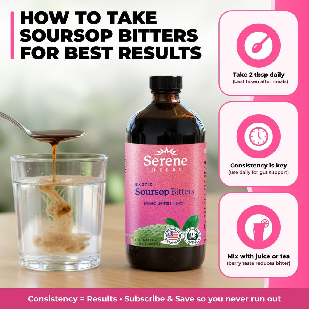 Serene Herbs Soursop Bitters Liquid with Soursop Leaves for Gut Cleanse, Detox & Immune Boost with Black Seed, Moringa, Irish Moss, Ashwaganda, Turmeric, 16 Fl Oz (16 Fl Oz (Pack of 1), Mixed Berry)