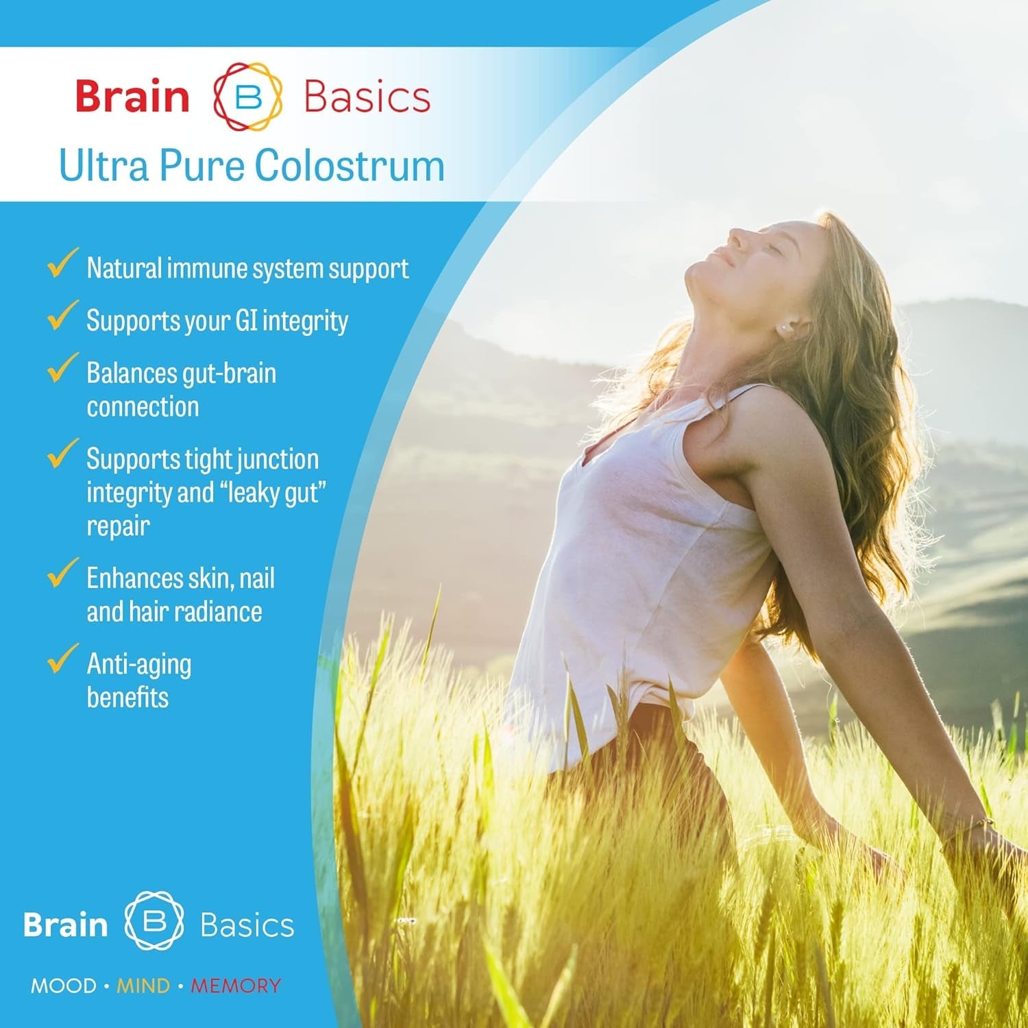 Brain Basics Ultra-Pure Colostrum, 4000Mg per Serving, Min 25% Igg Antibodies, Gut-Brain-Immune Health, Glowing Hair and Skin. Colostrum Powder from Grass-Fed Cows. 360 Grams - 90 Servings