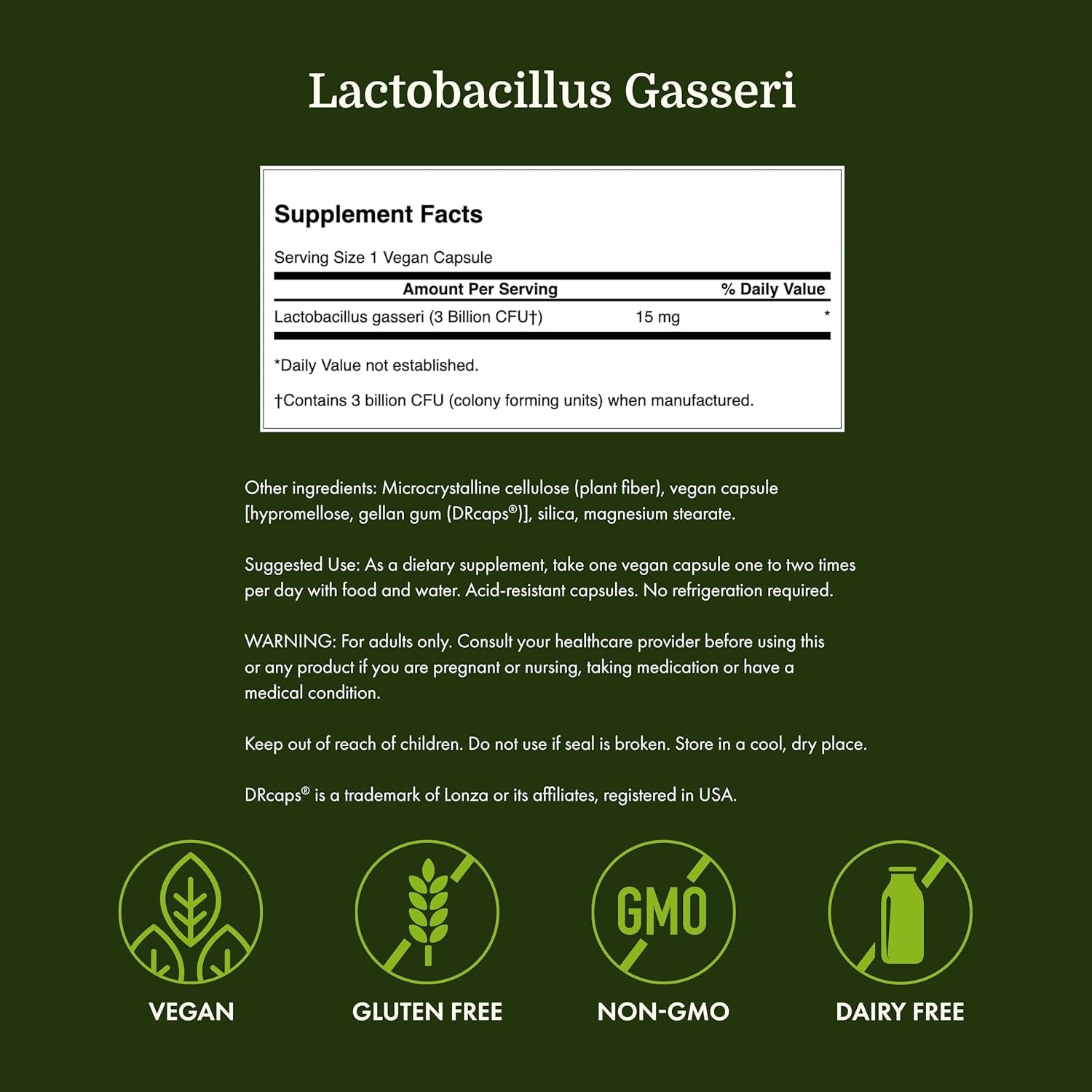 Swanson Lactobacillus Gasseri Probiotic for Adults Seeking Digestive and Metabolic Support with 3 Billion CFU - Acid-Resistant, No Refrigeration (60 Vegan Capsules)