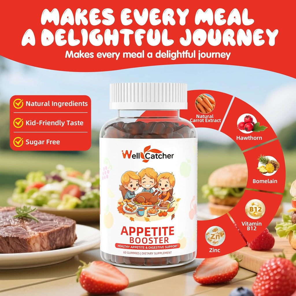 Appetite Booster Gummies for Kids Adults: Picky Eater Vitamins Support Eat More Height Growth Gut Health & Nutritional Balance with Bromelain Hawthorn Zinc, Sugar Free 60CT
