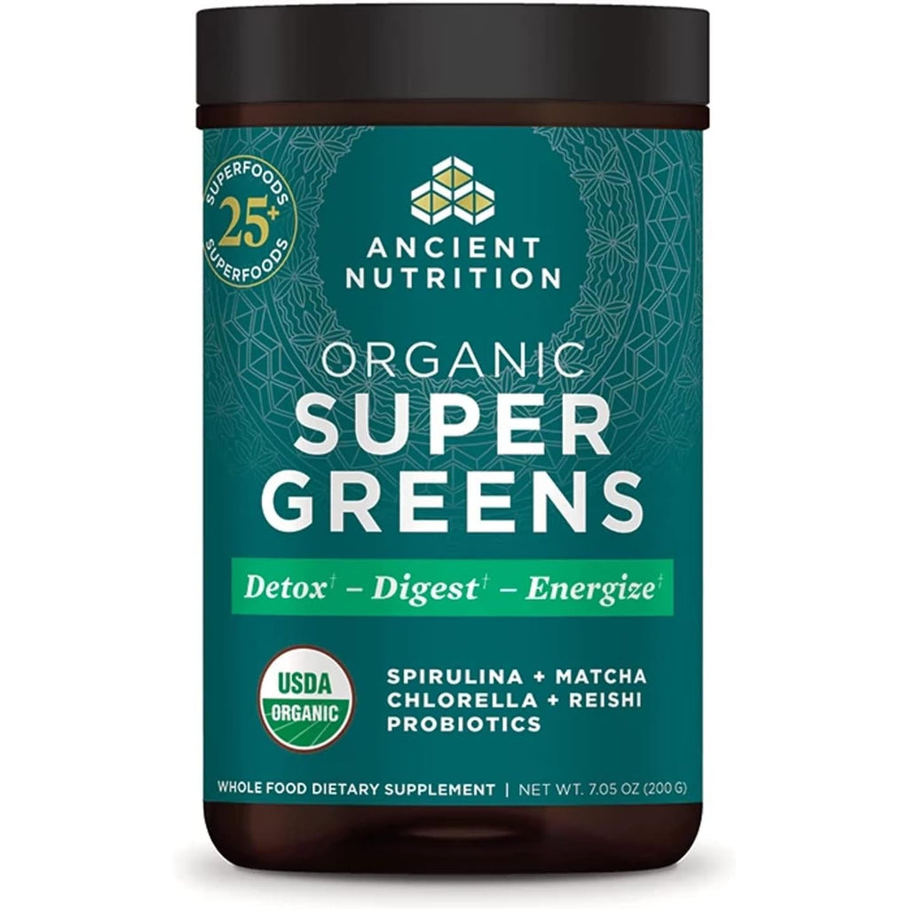Ancient Nutrition Super Greens Powder, Organic Superfood Powder with Probiotics Made with Spirulina, Chlorella, Matcha, and Digestive Enzymes, 25 Servings, 7.05Oz