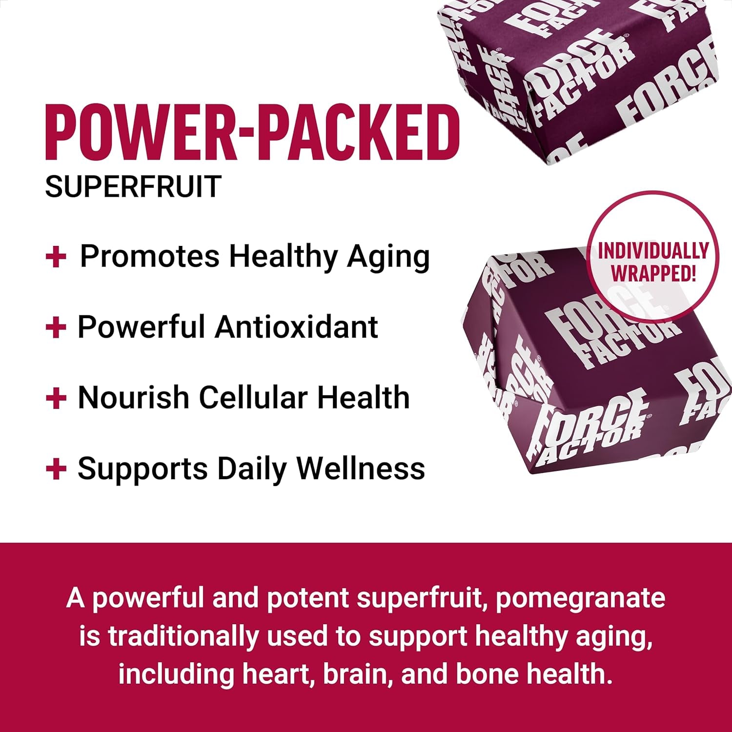 Force Factor Pomegranate Soft Chews for Healthy Aging, Heart, Bone, & Brain Health, Made with Real & Premium Pomegranate Juice Powder, Non-Gmo, Gluten-Free, Vegan, Pomegranate Flavor, 30 Soft Chews