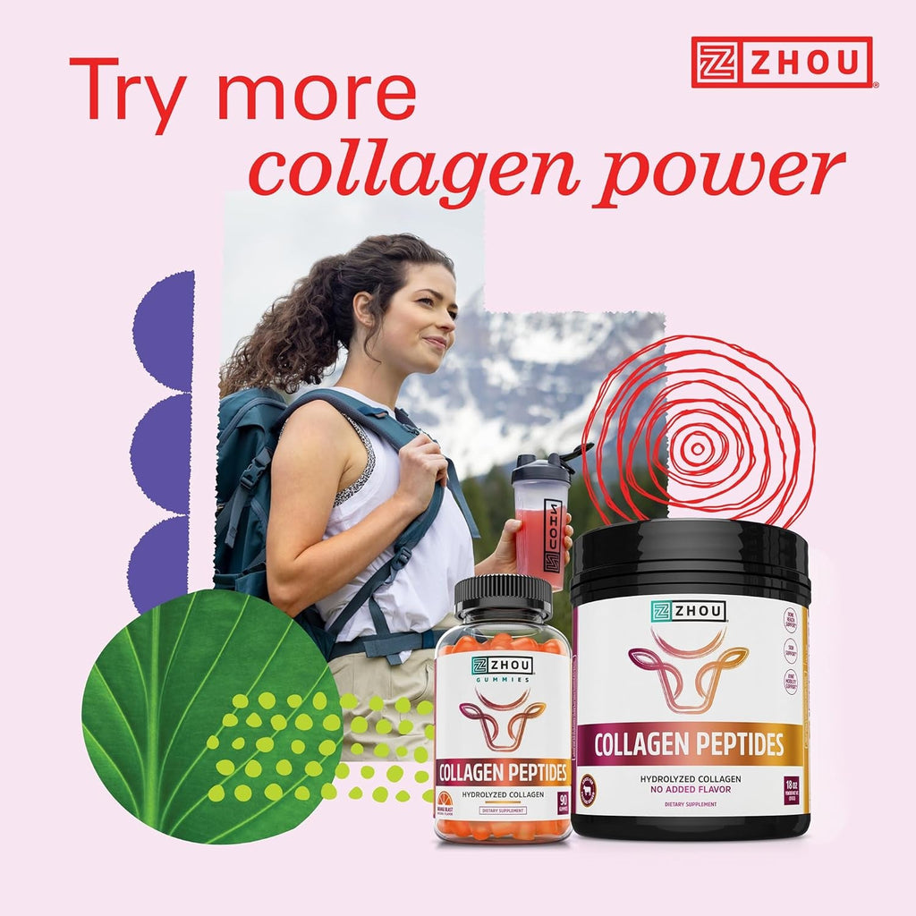 Zhou Collagen Peptides - Pure Hydrolized Collagen Powder for Women & Men, Grass Fed Natural Bovine Collagen for Skin, Hair Growth, Joints & Bones - 18 Oz Jar (46 Servings)