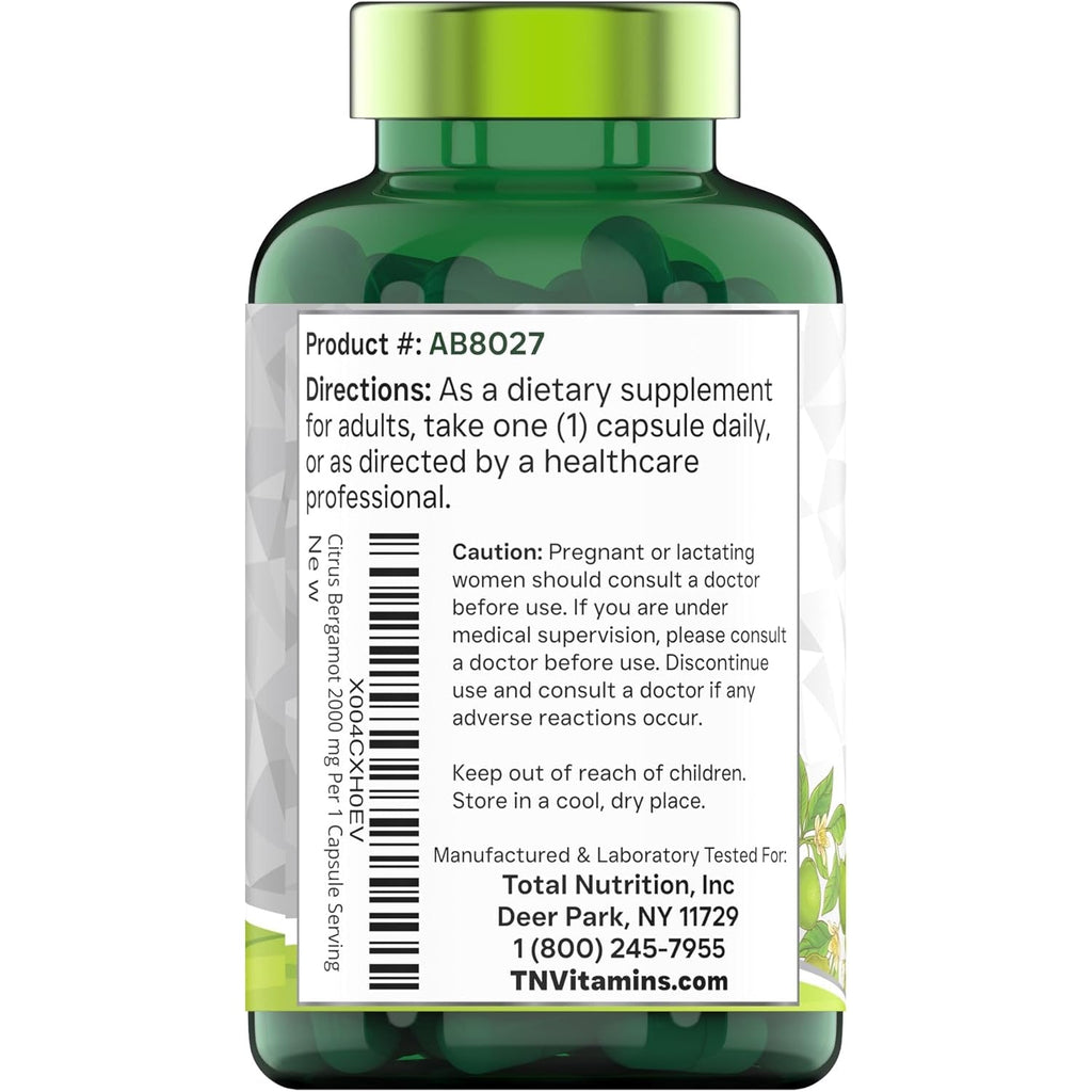 Tnvitamins Citrus Bergamot 2000Mg - 180 Capsules | Ultra Potent Citrus Bergamot Supplement 2000 Mg per 1 Capsule Serving | 6 Month Supply! | Non-Gmo | Made in the USA!