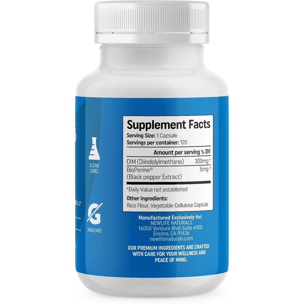 Newlife Naturals DIM Supplement 300Mg, Women & Men - Hormonal Acne and Balance, Estrogen, Menopause Support - 120 Day Supply