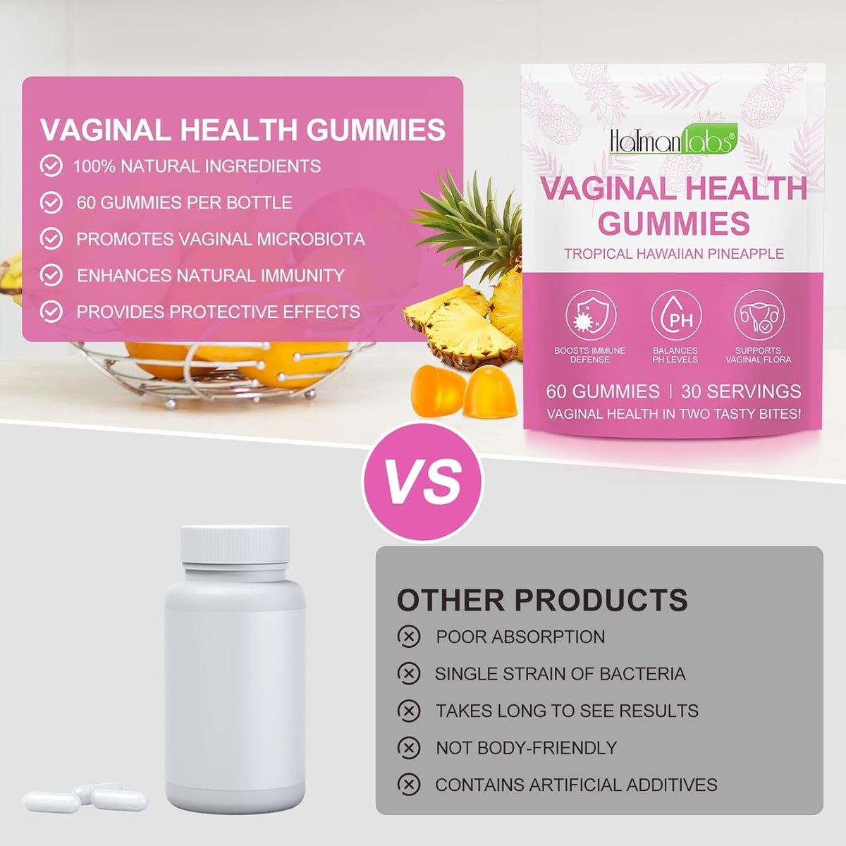 Vaginal Probiotics Gummies for Women, PH Balance for Women, Hawaiian Pineapple Gummies for PH Health, Improve Immune, Women'S Vaginal Health Supplement, 60 Gummies