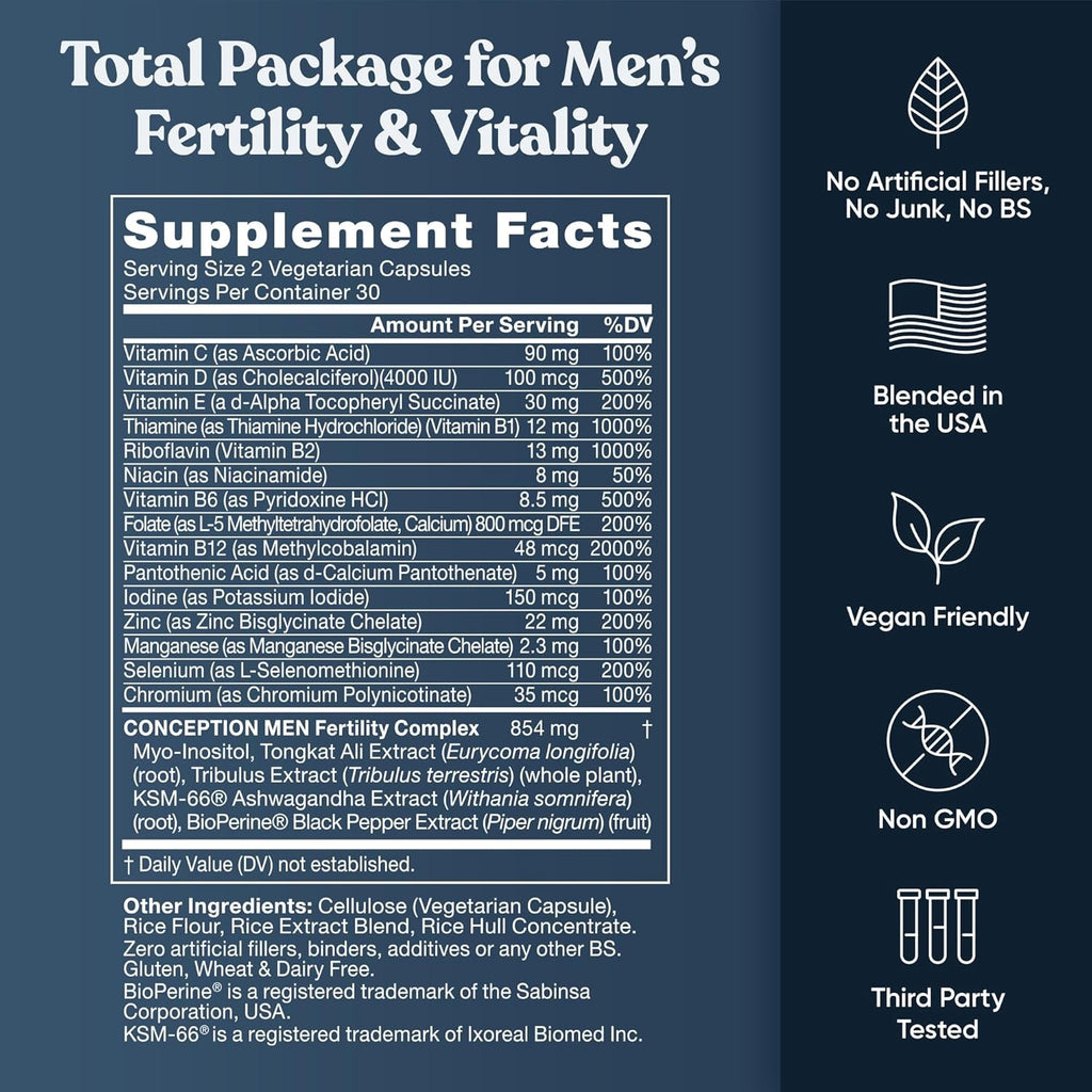 Eu Natural Conception for Him - Male Fertility Supplements with Ashwagandha, Folate & Zinc - Sperm Count, Motility & Strength Support - Fertility Support for Men, 60 Vegetarian Capsules