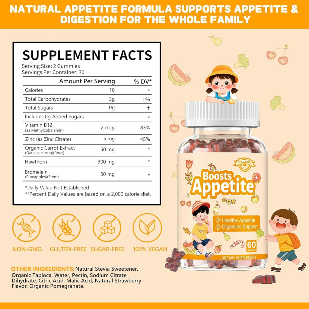 Appetite Booster Gummies for Kids Adults – Natural Blend of Hawthorn Zinc Carrot Supports Digestion Helps Increase Appetite, Promotes Healthy Eating Habits for Picky Eaters (Mixed Fruit Flavor)