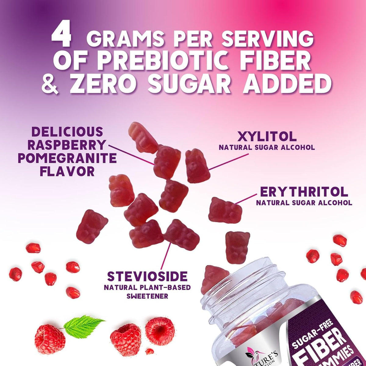 Fiber Gummies – Sugar Free Prebiotic Plant-Based Fiber 4G per Serving Supplement - Improved Soluble Formula Supports Digestive Health & Regularity - Non-Gmo, Natural Berry Flavor Chewable - 60 Gummies