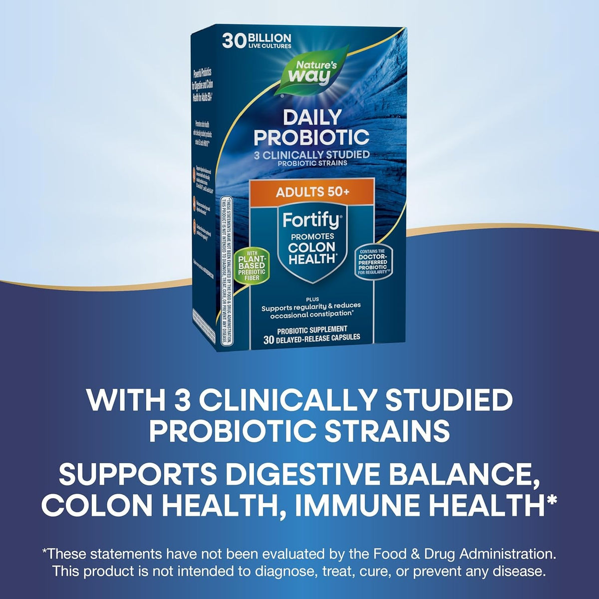 Nature'S Way Fortify 50+ Daily Probiotic for Men & Women, 30 Billion Live Cultures, Colon, Digestive, and Immune Health Support* Supplement, 30 Capsules