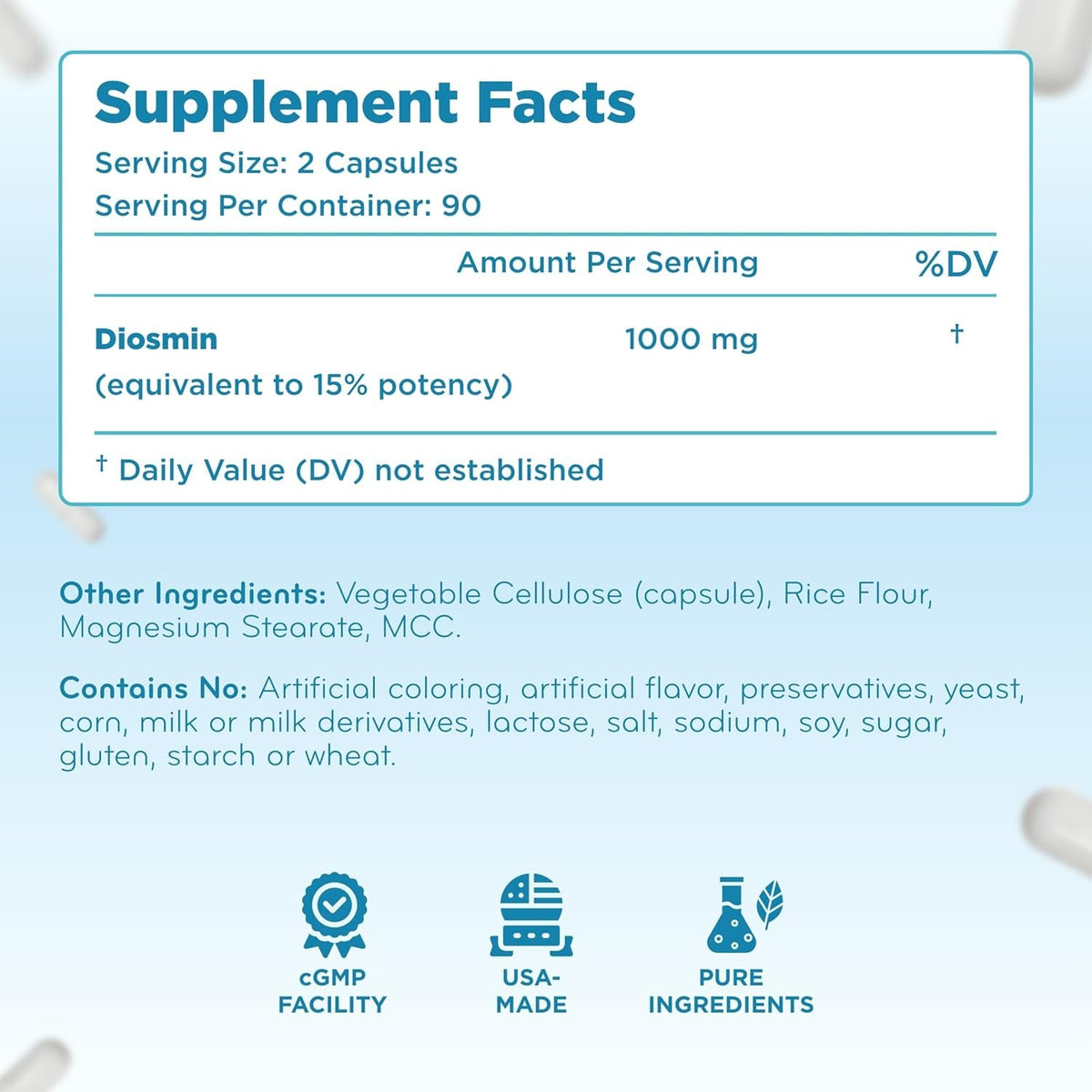 Diosmin 1000Mg Circulation and Vein Support Supplement - High Strength Diosmin Varicose Leg Vein Supplement - Vegan Non-Gmo & Gluten Free - Formulated in American Cgmp Lab (90 Servings)