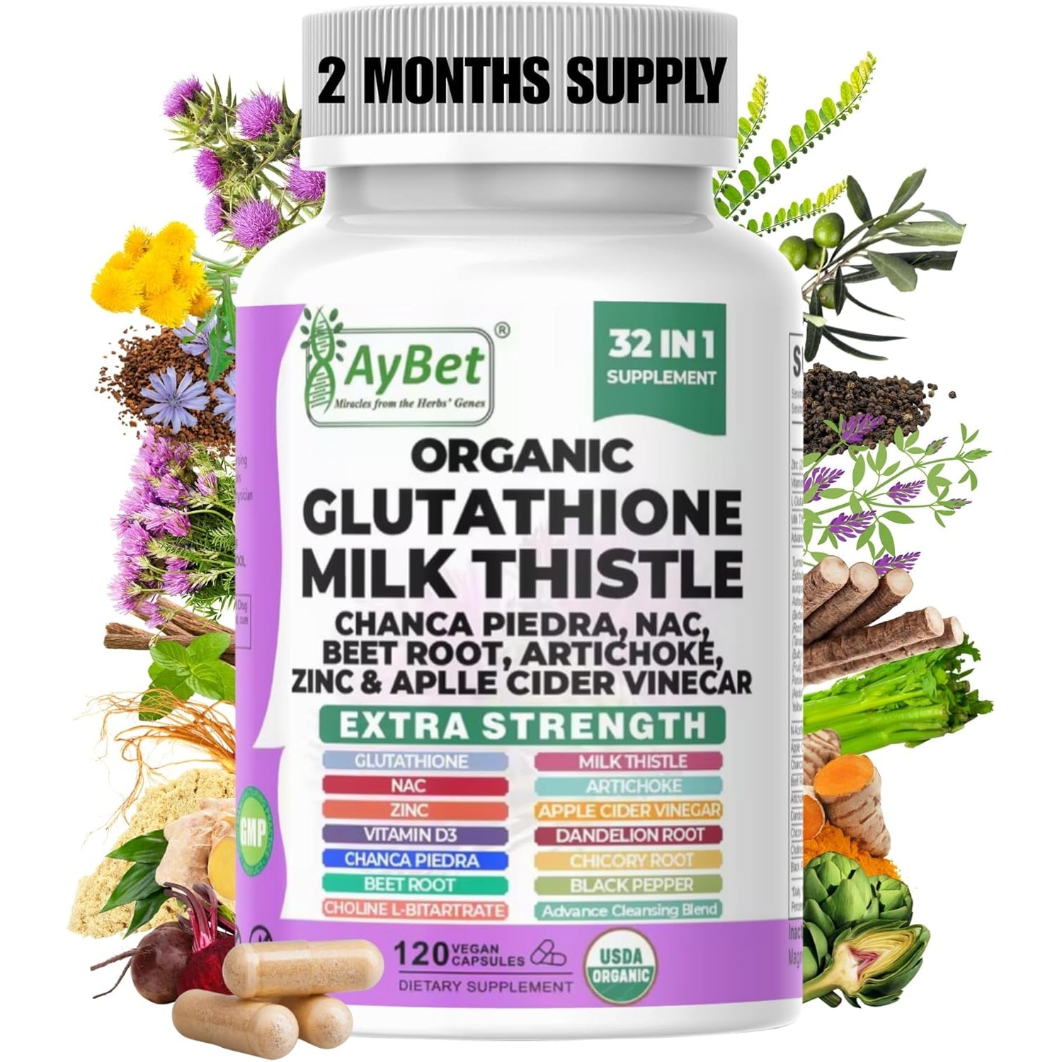 Glutathione NAC Milk Thistle Supplement | Liver Health Support | 32-In-1 Herbal Antioxidant Formula with Chanca Piedra, Turmeric, Dandelion Root, Beet Root & Zinc | Halal Vegan Organic Daily Wellness