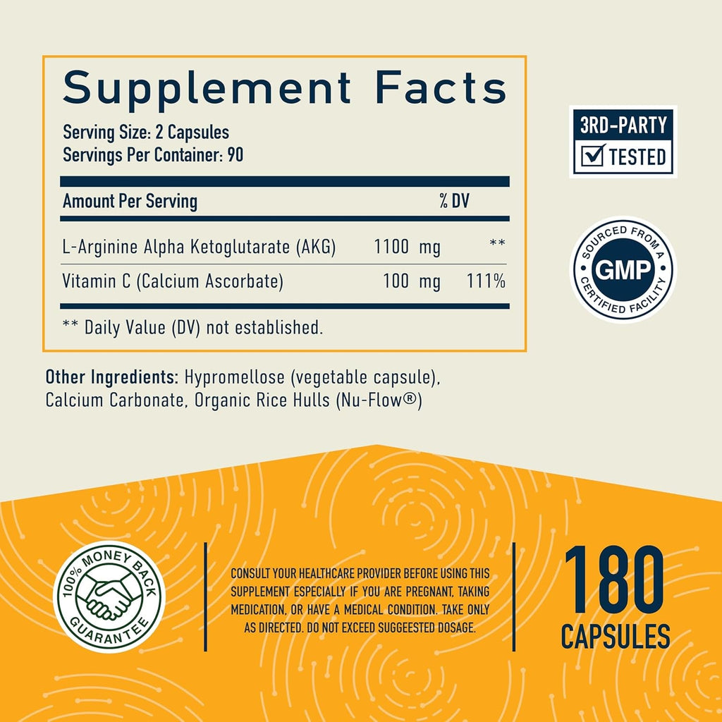 AKG Supplement | 1100MG per Serving | Arginine Alpha Ketoglutarate with Calcium + Vitamin C | AAKG Supplement for Healthy Aging, Longevity, Energy, and Focus | 180 AAKG Capsules | Vegan, Non-Gmo
