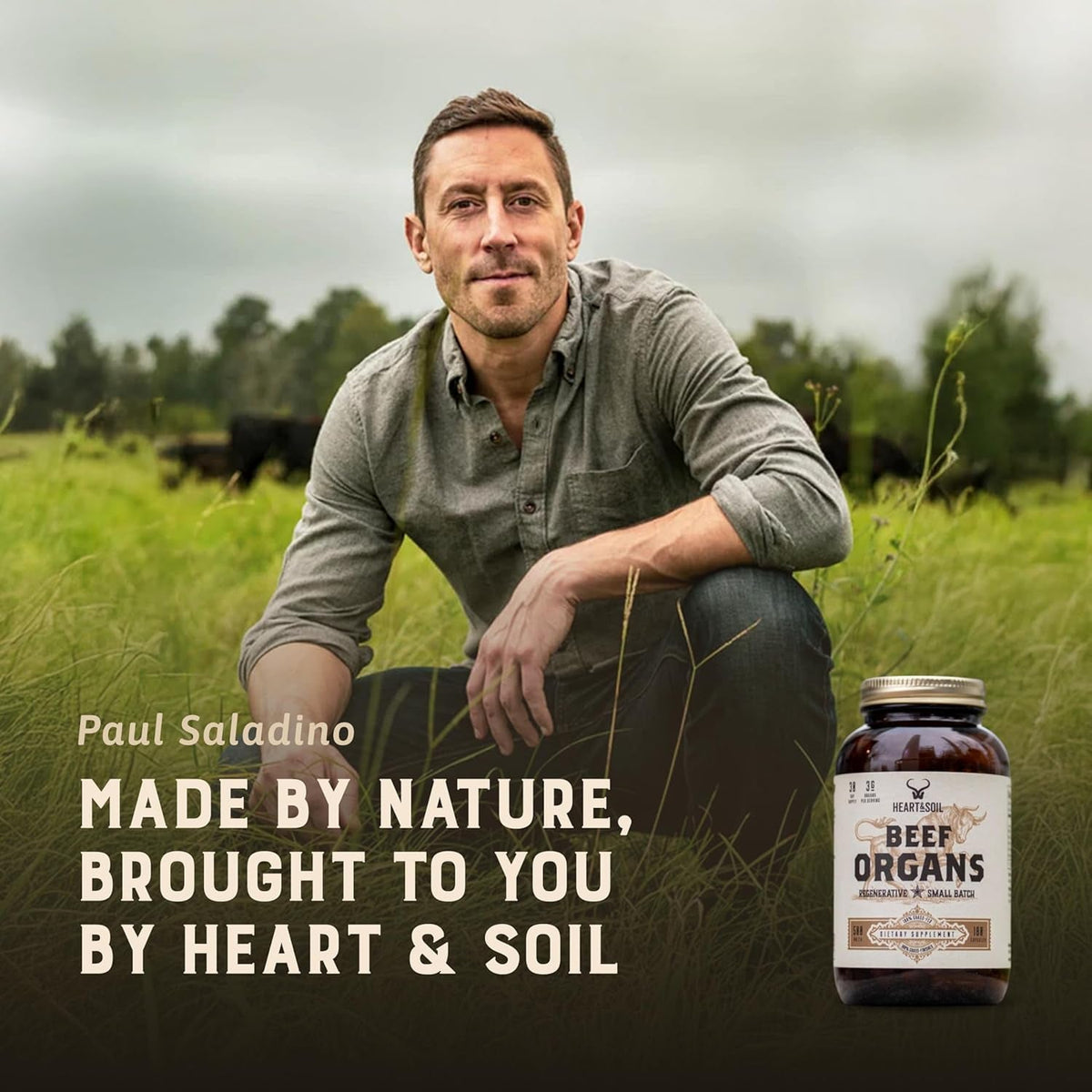 HEART & SOIL – 100% Grass Fed & Finished Beef Organs from Regenerative Cattle with Liver, Heart, Kidney, Pancreas & Spleen – 3000Mg Beef Organ Supplement for Women & Men – Glass Bottle – 180 Capsules