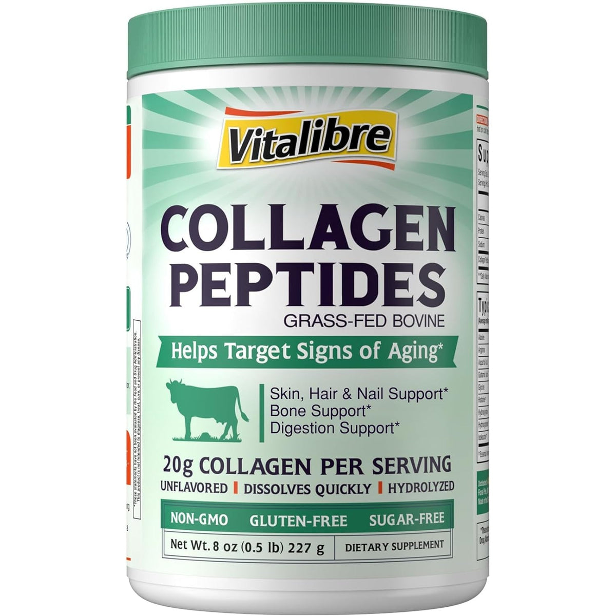 Vitalibre Bovine Collagen Peptides Powder for Women and Men, Grass-Fed Hydrolyzed Collagen Protein Type I & III, Skin, Hair, Nails, Bones, Digestion, Unflavored, Non-Gmo, Keto & GF, 11 Servings, 8Oz