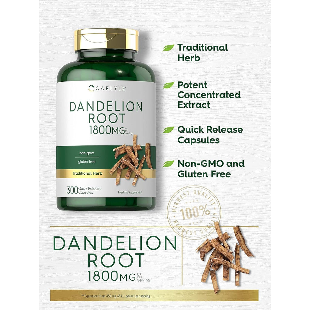 Carlyle Dandelion Root Extract | 300 Capsules | Herb Supplement | Taraxacum Officinale | Non-Gmo and Gluten Free