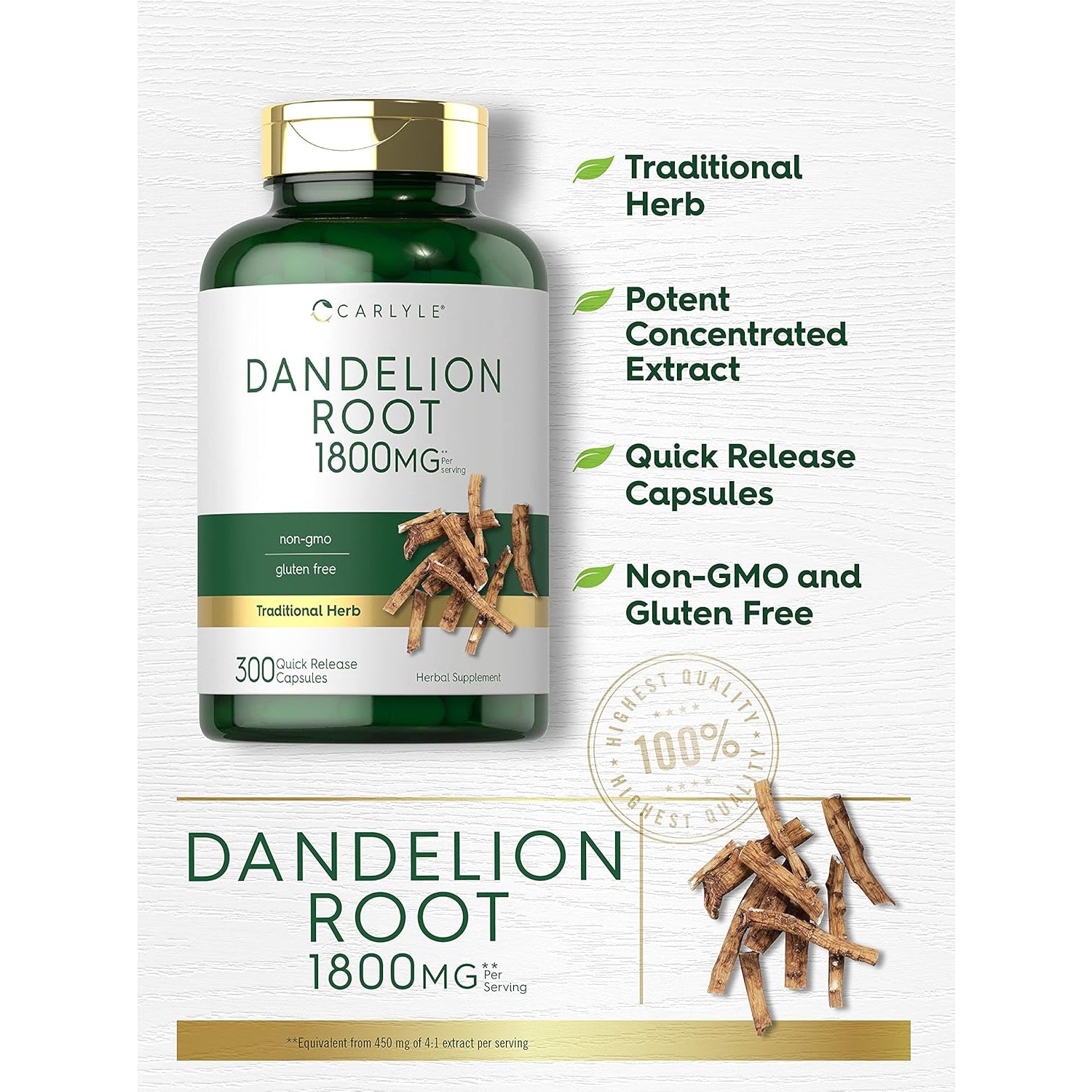 Carlyle Dandelion Root Extract | 300 Capsules | Herb Supplement | Taraxacum Officinale | Non-Gmo and Gluten Free