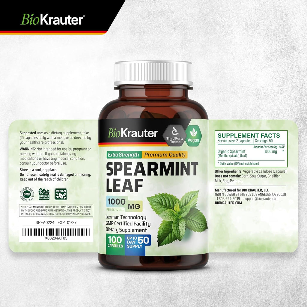 BIO KRAUTER® Spearmint Capsules for Skin Support - Vegan & Pure Spearmint Supplement 1000 Mg - Used for Women’S Wellness & Digestive Support - No Fillers, Non-Gmo - 50 Days of Supply, 100 Capsules