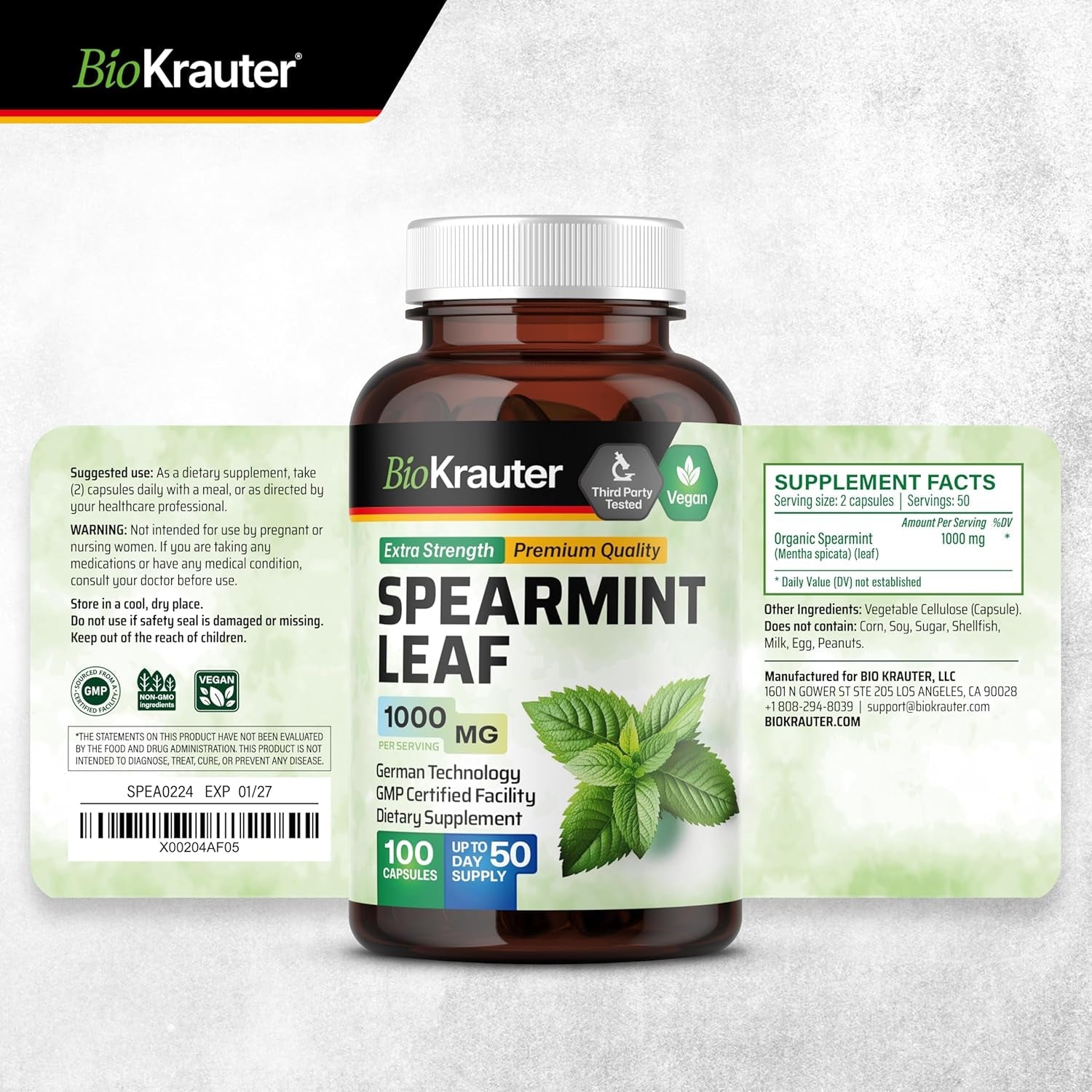 BIO KRAUTER® Spearmint Capsules for Skin Support - Vegan & Pure Spearmint Supplement 1000 Mg - Used for Women’S Wellness & Digestive Support - No Fillers, Non-Gmo - 50 Days of Supply, 100 Capsules