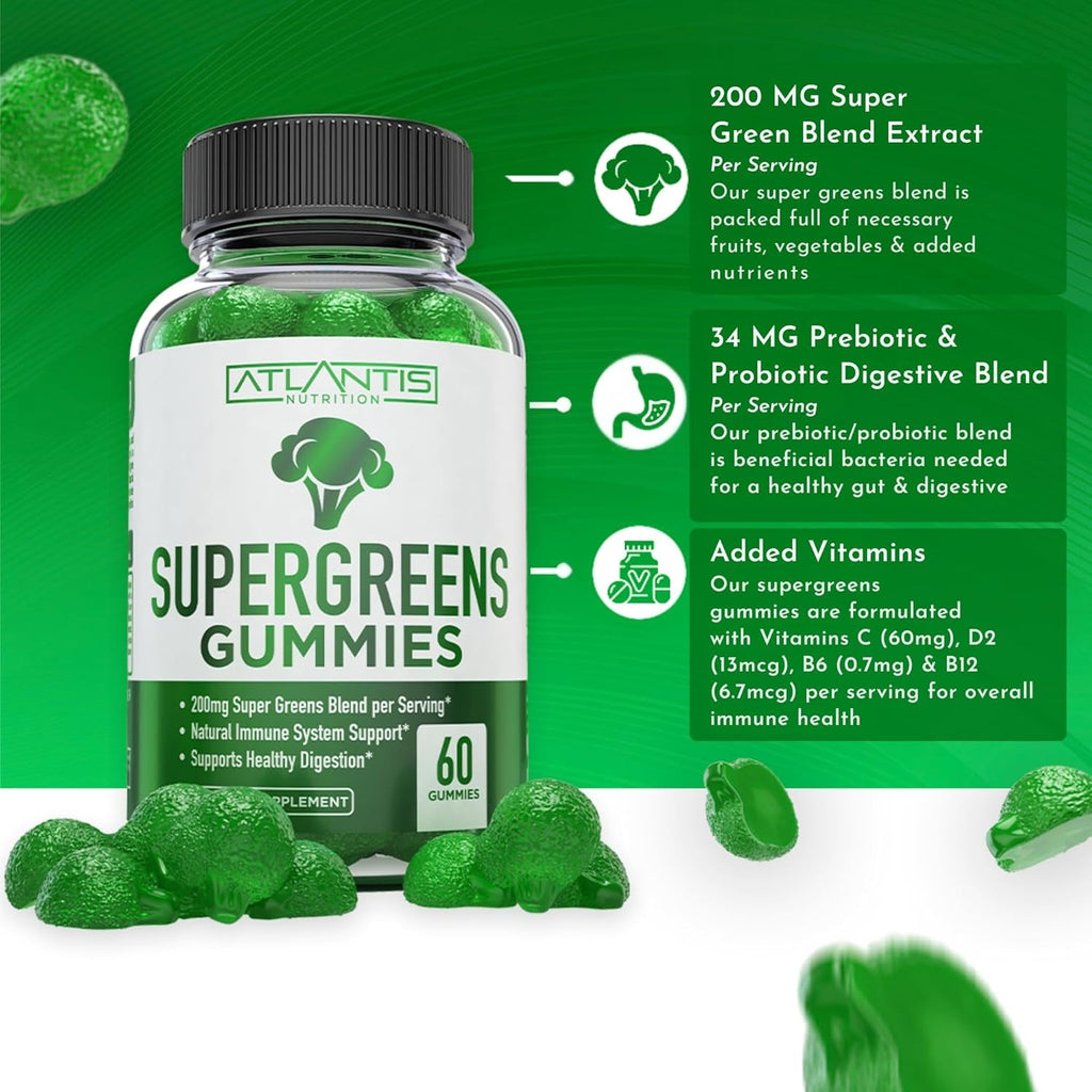 Atlantis Nutrition Supergreens Gummies - Daily Green Superfoods Supplement with Spinach, Broccoli, Moringa, Beet Root, Celery, Green Tea, & Acai for Immunity Support - Natural Raspberry Flavor, 60 Cnt