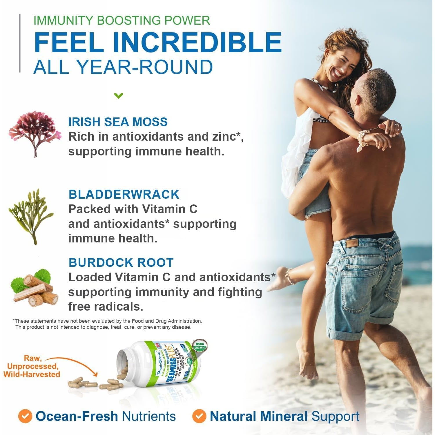 Power by Naturals Sea Moss plus – USDA Organic Irish Sea Moss Capsules with Bladderwrack & Burdock Root – Immune Support for Adults – Vegan, Non-Gmo, Gluten-Free – 60 Capsules (1-Month Supply)