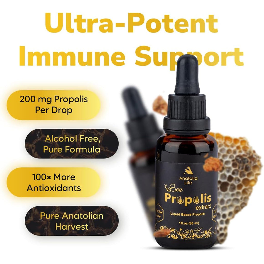 Natural Bee Propolis Extract, 30 Ml, Advanced Liquid Tincture Immune System Booster and Seasonal Defense, Pure High Potency Herbal Supplement, Non-Gmo and Alcohol Free (1 Pack)