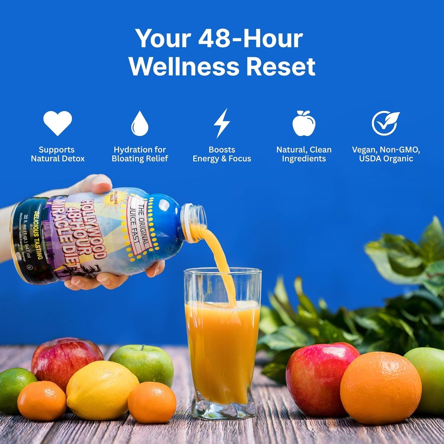 Hollywood Diet 48 Hour Juice Cleanse Drink 2 Pack, Vitamin-B Infused Detox Cleanse for Body Reset, Hydration, and Energy | Ideal for Intermittent Fasting, Bloating Support, Event Prep, 32 Oz