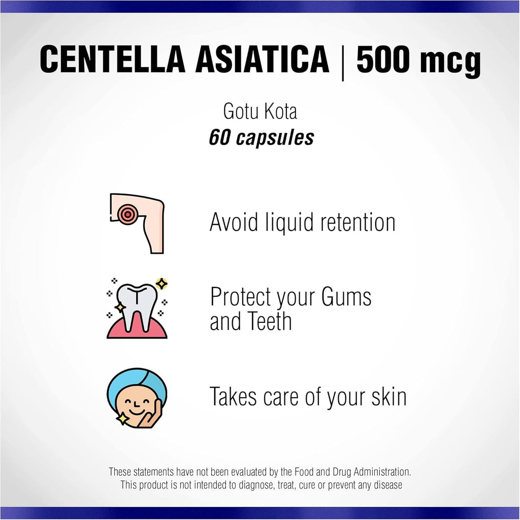 Centella Asiatica 500 Mg 60 Capsules by Natural Systems - Gotu Kola Herb Moisturizer for Your Skin - Extract Also Beneficial for Calming Mind Tiredness