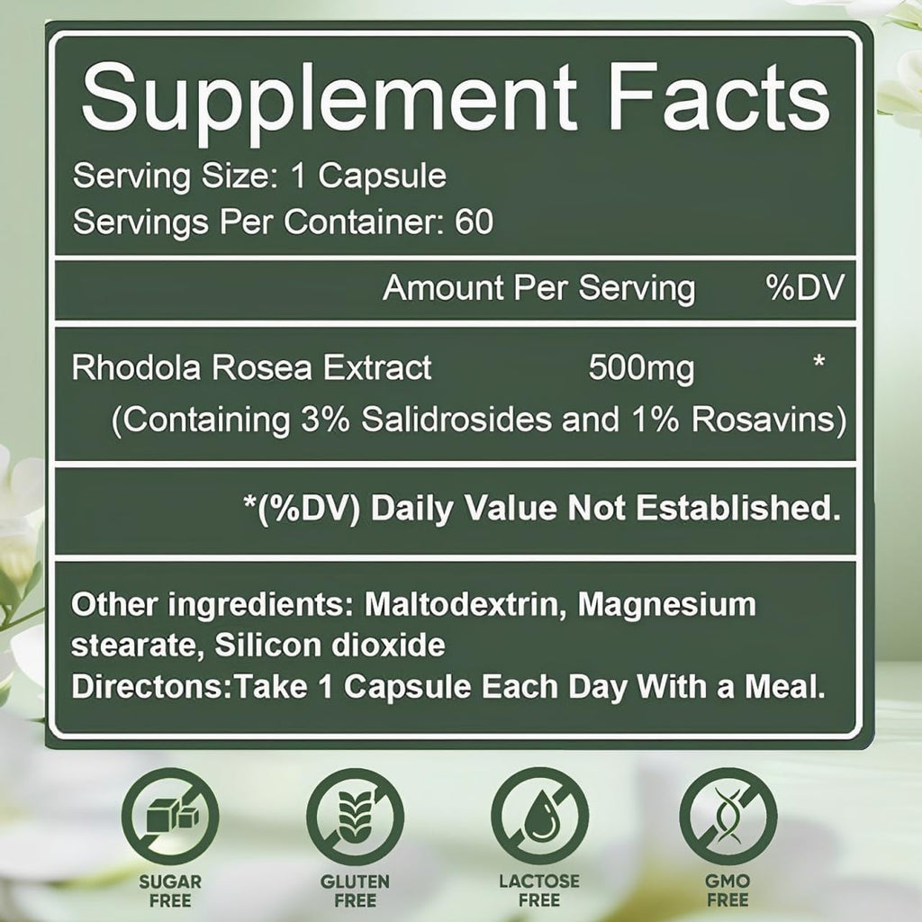 Floraviva Rhodiola Rosea Capsules | 500Mg Rhodiola Rosea Extract Supplement for Stress Support, Mental Focus & Energy, Immune Function, Non-Gmo, 60 Capsules