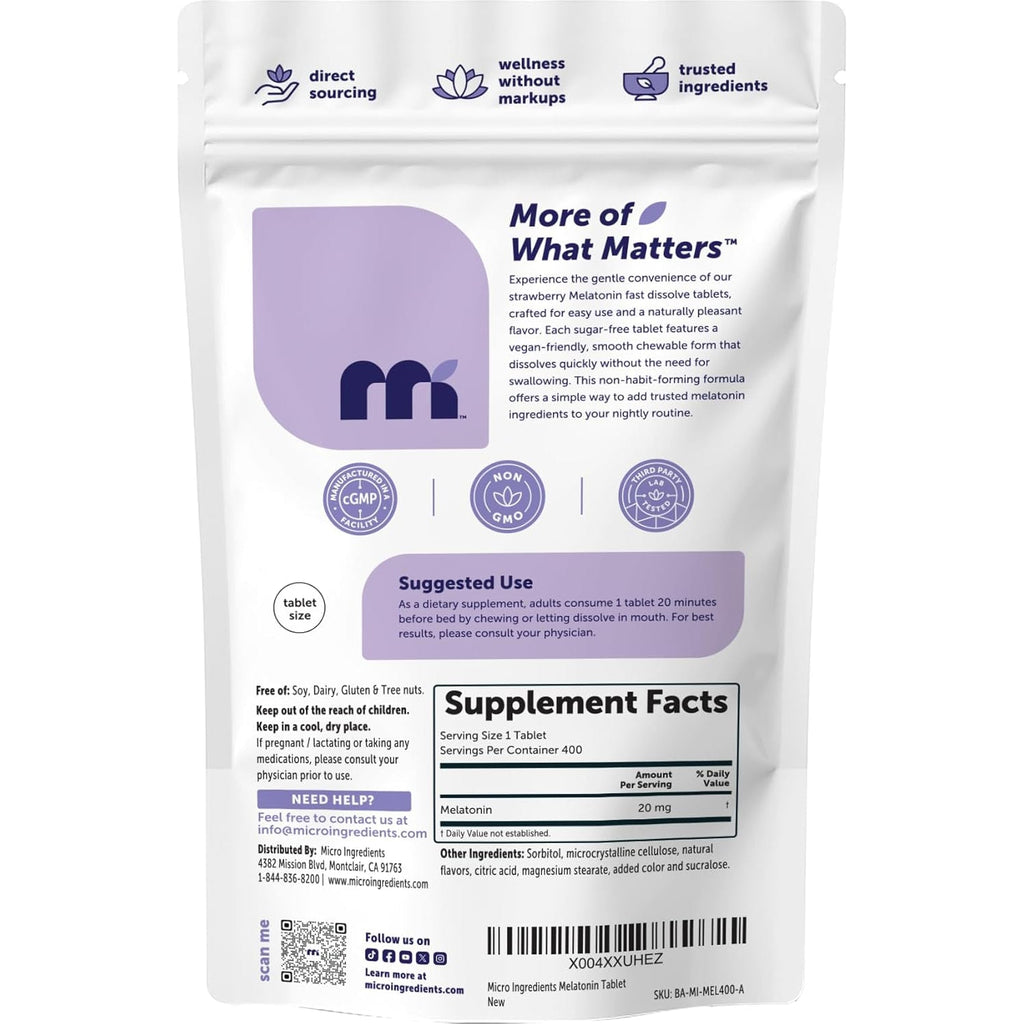 Micro Ingredients Melatonin 20Mg, 400 Tablets | Strawberry Flavor | Fast Dissolve | 100% Drug Free | Vegetarian Friendly | Non-Gmo, No Gluten, Sugar Free