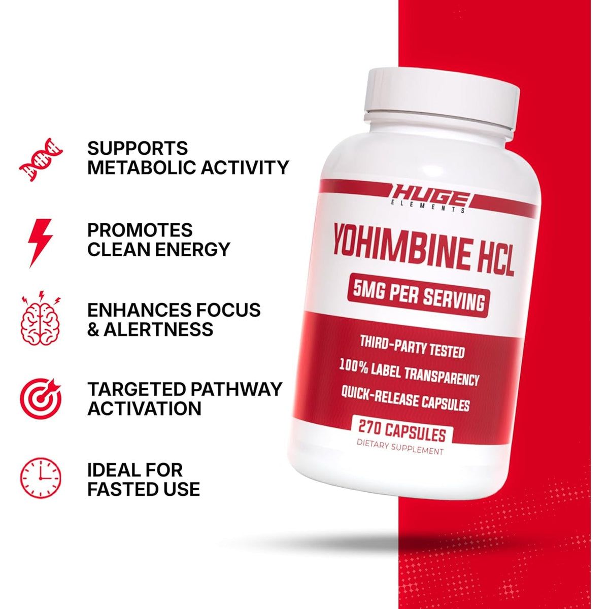 Huge Supplements Yohimbine Hcl 5Mg, Third Party Tested, Fat Loss & Energy Support, Advanced Performance Formula for Body Recomposition - 270 Veg Capsules