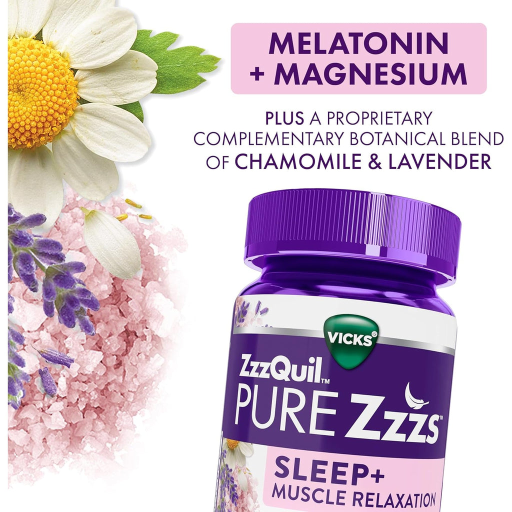 Zzzquil Pure Zzzs Muscle Relaxation Melatonin Sleep Aid Gummies, Supports Muscle Function, Helps You Fall Asleep Naturally, Fast, Melatonin + Magnesium, No Next-Day Grogginess, Drug-Free, 60Ct