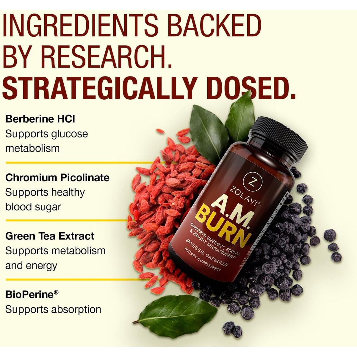 A.M. Burn GLP-1 Supplement Weight Loss Support | Berberine HCL + Chromium Picolinate + Green Tea + Bioperine | Developed by Weight Management Experts | USA Made, GMP Certified, 60 Caps
